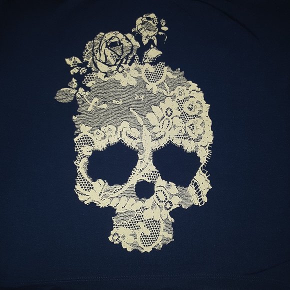 BEBE Blue Crop Top with white lace scull print, Size M/L, used - Picture 6 of 6